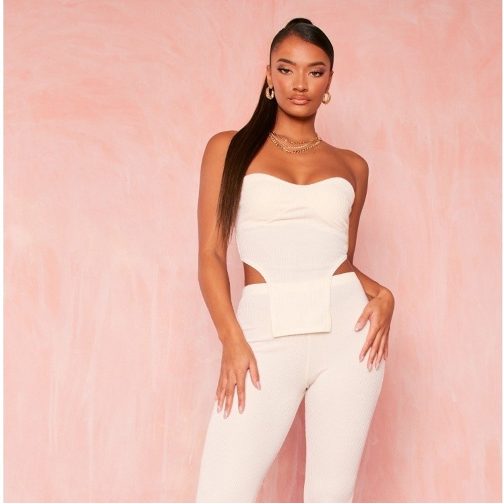 Pretty Little Thing Cream Crinkle Rib Curved Hem Corset Top Size 6 NWT